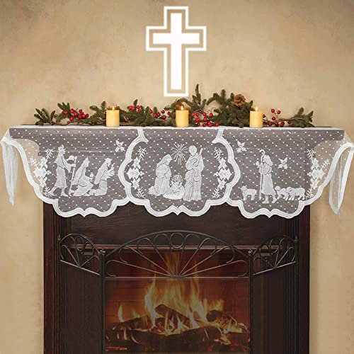 Labengou Christmas Mantle Scarf for Fireplace - White Lace Nativity Mantle Cover Garland Runner for Holiday Home Living Room Decorations – Xmas Christian Jesus Decorations Indoor