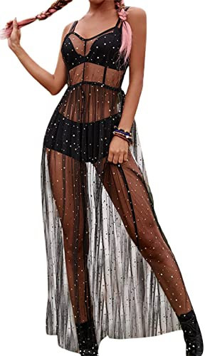 Loalirando Damen Mode Streetwear Transparent Kleid Party Clubwear Unterkleid Bikini Cover up(S,Schwarz)