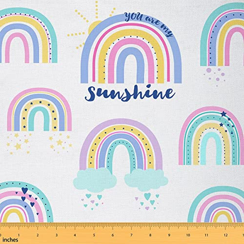 Regenbogen Stoff für Kinder Meterware Niedlicher Ckunstoon Wolken Polsterstoff Bunter Lustiger Dekostoff Mit Sonne Stern Herz Wasserdichter Kawaii Stoff für Polsterung Wohnakzente 920 x 150 (HxB)