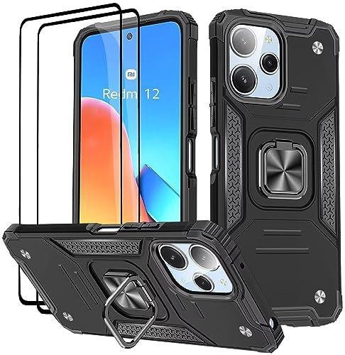 KANSi Funda para Xiaomi Redmi 12 / Redmi 12 5G, Cristal Vidrio Templado [2 Piezas] Capa Anillo iman Soporte Hard PC y Silicona TPU Antigolpes Armor Carcasa - Negro