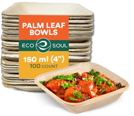 ECO SOUL Lot de 100 mini bols à dessert carrés jetables en forme de feuille de palmier 100 % compostables de 10,2 cm, 141,7 g - Bols à dessert en bambou - Robustes et respectueux de l'environnement
