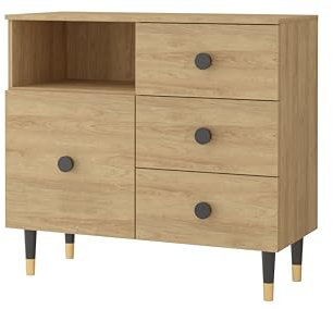 Fabryka Mebli Idźczak Kommode LUX 1D3S mit Regal und Schubladen Elegante Kommode Schubladekasten Kommode mit Schubladen Kommode mit Tür - Schlafzimmer Stauraum Modern Design (Hickory/Hickory)