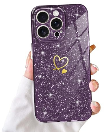 Glitter iPhone 15 Pro Max Case for Girls Women, Sparkly Bling Cute Gold Love Heart Pattern Design Phone Case Soft Silicone Shockproof Protective Bumper Cover for iPhone 15 Pro Max-Deep Purple