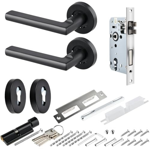 ANNTIM Black Door Handles - Internal Set with Lock and Key for Bedroom and Bathroom, Matt Black Interior Door Handles for Home and Office