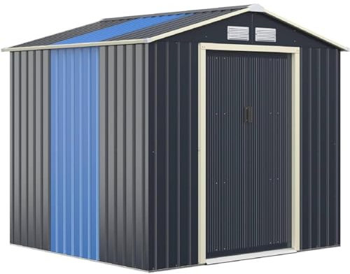 GiantexUK 7x4FT/9x6FT Metal Garden Shed and Extension Kit, Outdoor Galvanized Storage House with 4 Vents & Lockable Sliding Doors, Slope Roof Utility Shed Building (7x4FT Shed and 1 Extension Kit)