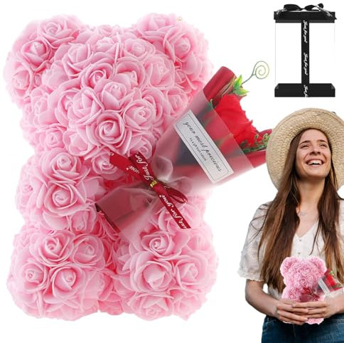 Uozonit Ours à Fleurs Roses, Ours à Fleurs | Ourson à Fleurs éternelles dans Une boîte Transparente, 9,45 Pouces | Ours décoratif de la Saint-Valentin pour la décoration de la Maison, Cadeau