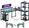 ODK Gaming Tisch Schreibtisch 137x140cm mit LED, Eckschreibtisch L-Form Reversibel, Gaming Schreibtisch mit 2 Steckdosen + 2 USB-Schnellladern, Integrierte Regale & Monitorhalter für Gamer in Schwarz