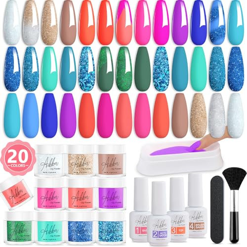 Aikker Nail Dip Powder Nail Kit 20 Party Colours Glitter Blue Green Mermaid Style Neon Purple Dipping Powder System Top & Base Essential Liquid Set & Recycle Tray Starter Kit Nail Art Manicure AK39