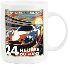 Purely Home Le Mans Mug - Grand Prix Retro Poster Style Race Car Gift/Present Cup - Tea/Coffee White Bone China Mug