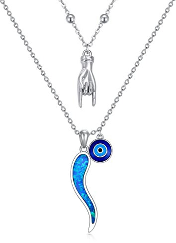 ROMANTICWORK Italienische Horn Hand Halskette Sterling Silber 925 Cornicello und Mano Cornuto Anhänger Doppel Multilayer Kette mit Bösem Blick Glücksbringer Schutz Schmuck Geschenke für Damen