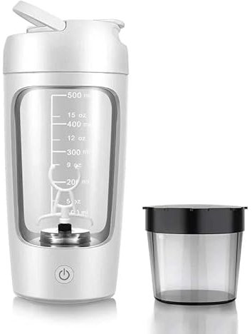 Bouteille de shaker électrique pour protéines, tasse de mélange d'exercice compacte et portable avec boîte à poudre, tasses de mélange rechargeables, bouteilles de mélangeur automatiques (White)