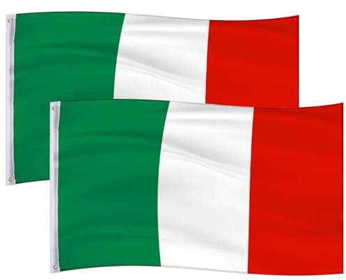 2 Pezzi Bandiera Italiana, Bandiera Italiana 90x150 cm, da Esterno Orizzontale Tessuto Raso per Balcone Asta Stadio Tricolore Resistente alle Intemperie con Lacci Anelli Rinforzati