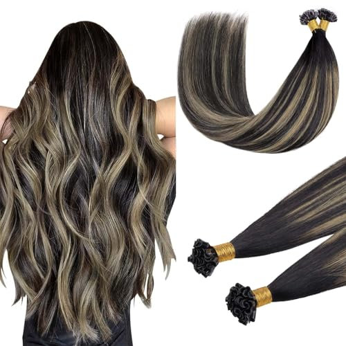 DOORES U Tip Human Hair Extensions Tip 16 Inch 50g/50s, Balayage Natural Black to Light Blonde Keratin Hot Fusion