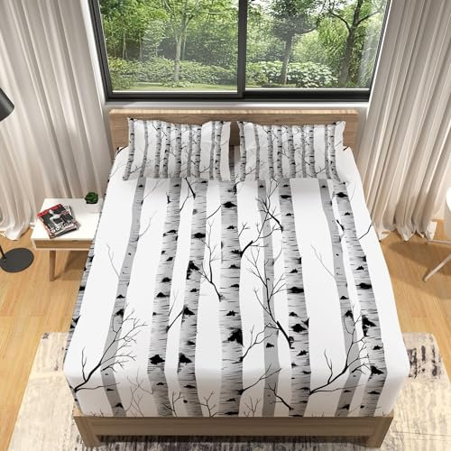 Spannbetttücher für Boxspringbetten Birke schwarz und weiß Spannbettlaken aus Mikrofaser 160x200cm Jungen Mädchen Bettlaken Set, Drucken Spannbetttuch für Einzelbett Doppelbett