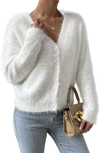 Viottiset Damen Pelzige Strickjacke Batwing-Ärmeln Vorne Offen V-Ausschnitt Knopfleiste Locker Pullover Mantel Weiß S