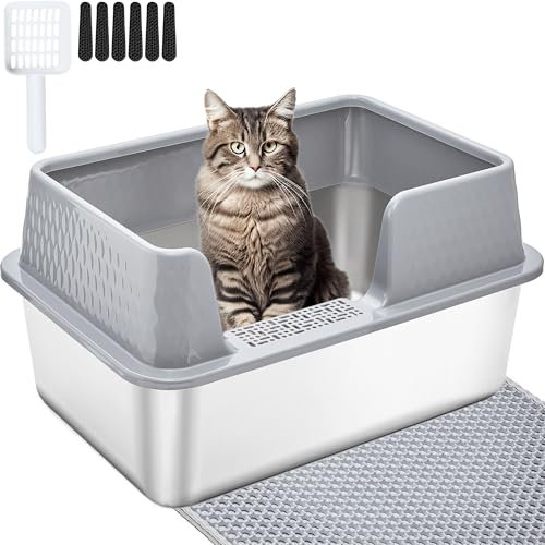 Vealind Caja de arena para gatos de acero inoxidable, resistente y duradera, bandeja de arena para gatos de alta cara