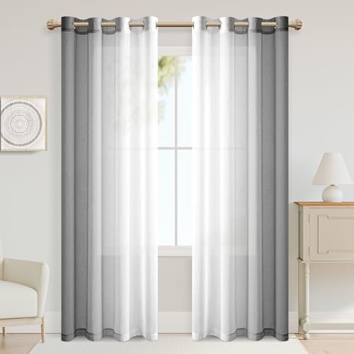 XWZO Gardinen mit Ösen Vorhänge Transparent Farbverlauf Voile Gardinen, Ombre Vorhang für Schlafzimmer und Wohnzimmer 225cm x 140cm(H x B) Grau