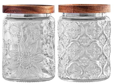 YOUSIS Vorratsdose Glas mit Holzdeckel, 2er Pack Glasbehälter, Zuckerdose Vorratsgläser für Kaffeebohnen, losen Tee, Zucker (Clear Begonia Sunflower,Round,700ml/24oz)