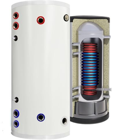 TECHGLOBE - Brauchwasserspeicher mit 2 Wärmetauscher (1.8 + 2.4 m²) - Komplett aus Edelstahl - Energieeffizient Warmwasserspeicher- mit 50mm Isolierung (200 L)