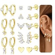 Roheafer 8 Paar Gold Ohrringe Set für Damen Hypoallergene 316L Chirurgenstahl Medizinische Ohrstecker Flacher 14K Vergoldet Stecker Cartilage Ohrringe
