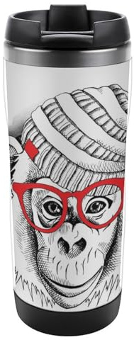 JZemdybill 13oz/380ml Stainless Steel Insulated Travel Coffee Cup, Cute Monkey with Glasses Travel Mug with Leakproof Lid, Non-Slip Bottom