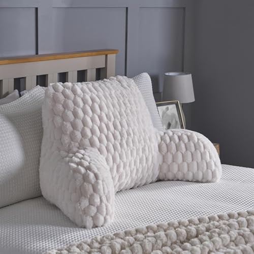 OHS Reading Pillow Thick Faux Fur Waffle, Jumbo Cuddle Cushion For Bed Super Soft Cosy Pillow with Arms Comfy Back Support Cushions For Sitting up in Bed, Cream - 65x40cm