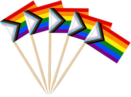 AhfuLife 100 Stück Progress Pride Zahnstocher Flaggen, LGBTQ Regenbogen Cocktail Stick Flaggen für Sandwich Lebensmittel Cupcake Toppers Cocktail Obst Pride Day Paraden LGBT Party Bar Dekoration