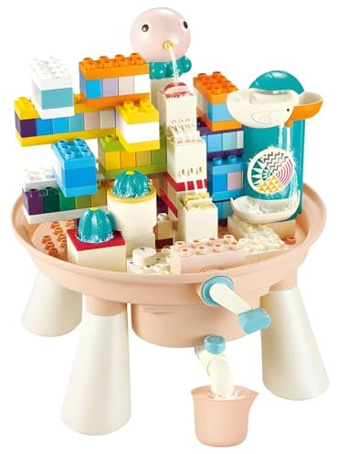 Kadii 2-in-1 Kinder Wasserspieltisch mit Bausteinen, 133 Teile, Lernspielzeug mit Wasserkreislauf