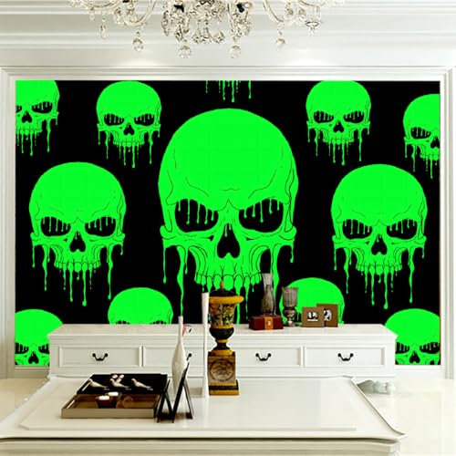 LUPAXA 3D Mural Gothic Black and Green Skull 315x215cm，Modern Paint Splash Silk Cloth Decor Wallpaper,for Bedroom Living Room Sofa TV Background