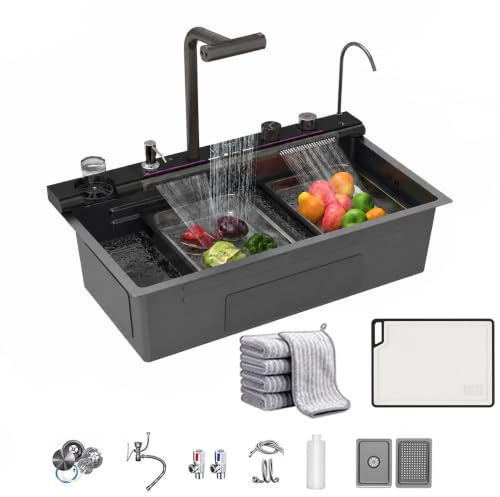 Negro Fregadero Multifuncional 1 Seno Estilo cascada Encimera Cocina Acero inoxidable Nano Revestimiento Fregadero Inteligente con Tabla de cortar, Dispensador De JabóN, Accesorios (75x45x22cm)