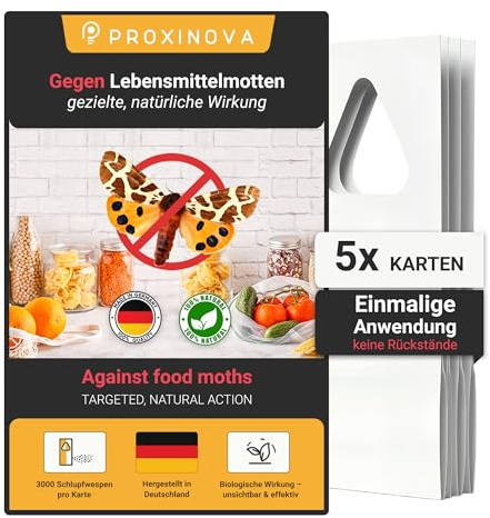 Schlupfwespen gegen Lebensmittelmotten – Effektive Mottenfalle zur Bekämpfung von Mehlmotten & Küchenmotten – Mottenabwehr Set zur Lebensmittelmotten Bekämpfung & Motten loswerden - 5 Karten