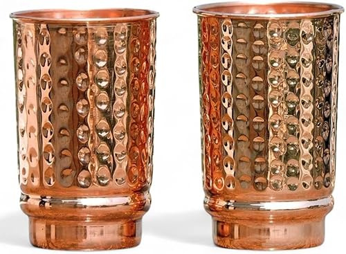 HEALTHANDVEDA™ Pure Copper Cup & Tumbler Set of 2 | Hammered Copper Glasses for Drinking Water Daily Use & Gift Sets | Ayurveda Health Benefits - 350 Ml Capacity (Hammered Cup)