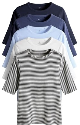 THE SET Damen Gerippte T-Shirts mit halblangen Ärmeln, 5er-Pack