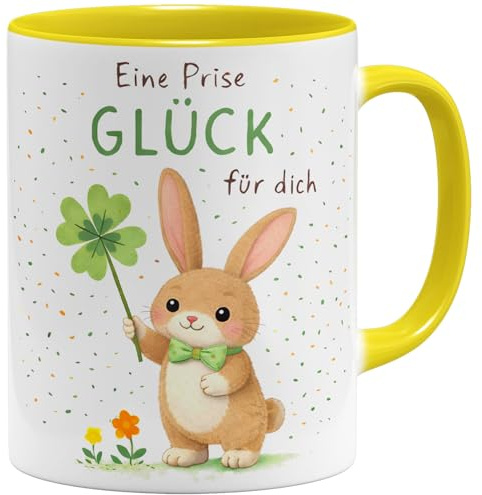 OM3® Eine Prise Glück Kaffee-Tasse mit Spruch - Liebevolle Spruchtasse mit Hase Häschen - Keramik Becher - 325ml - Beidseitig Bedruckt - Gelb
