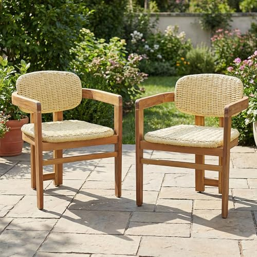 Merax Outdoor Dining Chair Set of 2 Woven Rattan Accent Chairs Stylish Acacia Wood Armchairs 2 Person Seating Group Ergonomic Garden Chairs for Patio, Natural