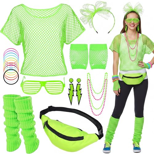 Fictoria 80s Fancy Dress Costume - 1980s Neon Fishnet Top Tutu Skirt Accessories Set with Necklaces Leg Warmers Headband, Retro Theme Party Outfit for Women Girls Halloween Cosplay Hen
