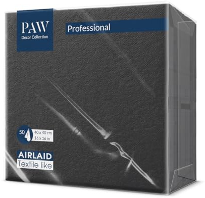 PAW Airlaid Servietten 40x40 cm, beidseitig gefärbt, 50 Stück, Schwarz | Sanfte Berührung: deutlich weicher als klassisches Material, hautfreundlich, reißfest und saugstark, für Hochzeit und Feier