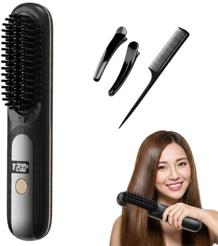 Spazzola Lisciante per Capelli Spazzola Lisciante Senza Fili Pettine per Riscaldamento Elettrico Riscaldamento Rapido 4 Livelli di Temperatura con Display a LED, per Viaggi e Uso Domestico