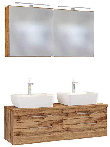 Lomadox Doppel Waschplatz Set 120 cm wotaneiche Holzoptik inkl. LED-Spiegelschrank und Aufsatz-Waschbecken