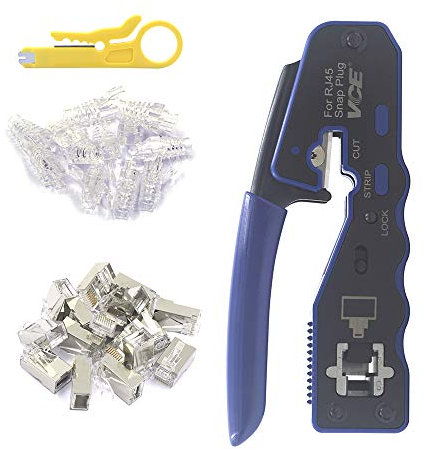 VCE Pinza Crimpatrice RJ45 di Rete Ethernet, Pinza Plug RJ45 Strumento per Cavo Rete CAT6 CAT5E CAT5, 25PCS Schermato Connettori RJ45 Passanti di Rete 8P, Protezione Antipiega, Mini Spelafili