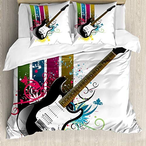 ABAKUHAUS Gitarre Bettbezugs Set Für Doppelbetten, Bass Blumen Bunt, Milbensicher Allergiker geeignet mit Kissenbezügen, Weiß Schwarz