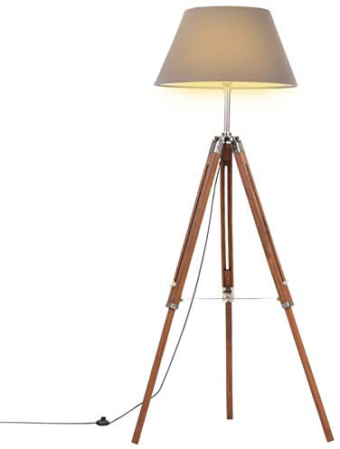 pedkit Lampadaire à Trépied Lampadaire sur Pied en Bois Lampe de Salon Hauteur Réglable Marron Miel et Gris 141 cm
