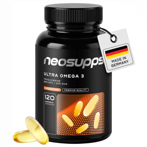 Neosupps Ultra Omega 3, 120 Kapseln hochdosiertes Fischöl mit 500mg EPA & 250mg DHA, Triglycerid-Form, unterstützt Herz, Gehirn, Augen, Gelenke & Haut, 60 Tagesportionen