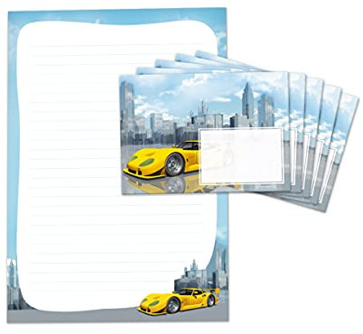 Briefpapier-Set für Kinder Rennauto Auto Briefblock liniert mit Umschlägen Umschlag Jungen Jungs (Block A4 mit 25 Blätter + 15 Umschläge)