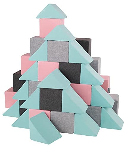 KiddyMoon Schaumstoff Würfel 14 cm Weiche Blöcke 48 Stücke Für Kinder Softbausteine UE, Mix: Hellgrau-Dunkelgrau-Pink-Mint