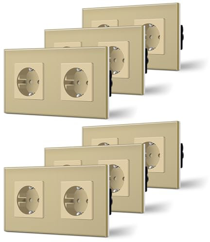 BSEED Schuko Steckdose 6er Pack, 16Amp AC Power Kristallglas Platte, 2 Fach Unterputzdose Steckdose, 157mm Doppelt Schutzkontaktbuchse Wandsteckdose Gold