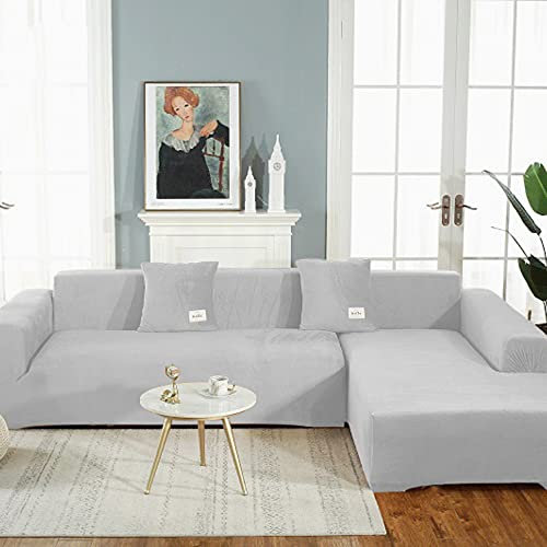 OKJK Samt Sofaüberwurf Stretch All-Inclusive Couchbezug Eckcouch, Wohnzimmer Vier Jahreszeiten universeller l Form Sofabezug, Pflegeleichter Sofaschutz (Light Gray,Part B-B 190-230cm)