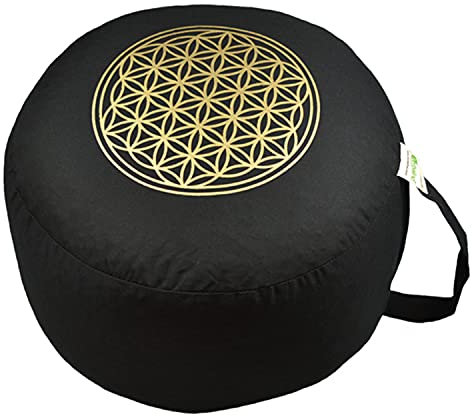 Herbalind Set Ø 28 cm Yogakissen Meditationskissen mit Augenkissen Sitzkissen - Blume des Lebens Yoga Kissen mit Bio Dinkelspelz - Sitzhöhe 16cm - Bezug aus Baumwolle Oeko TEX Zertifiziert, schwarz