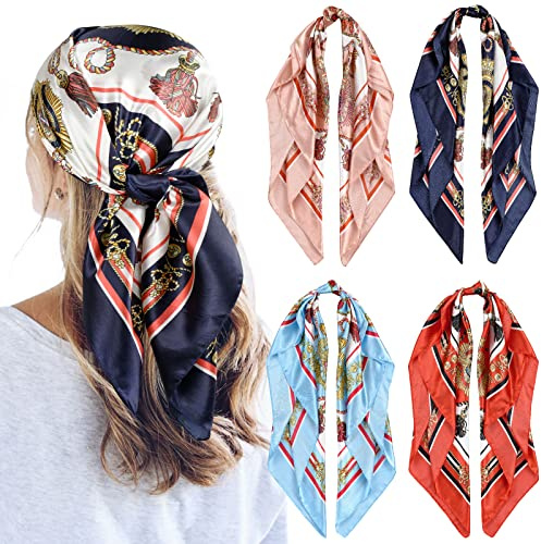 QBSM Lot de 4 foulards de tête en satin de 89,9 cm - Sensation soie - Pour dormir - Grand foulard carré pour femme, Corde à pompons noir/bleu/rouge/rose, Large