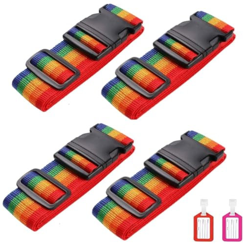 Flintronic 4-Stück Premium Gepäckgurt Koffergurt Kofferband Einstellbare rutschfest Gepäckband Lang kofferbänder Luggage Strap + 2 Stück Kofferanhänger Sicher Reisen für Koffer - Regenbogen